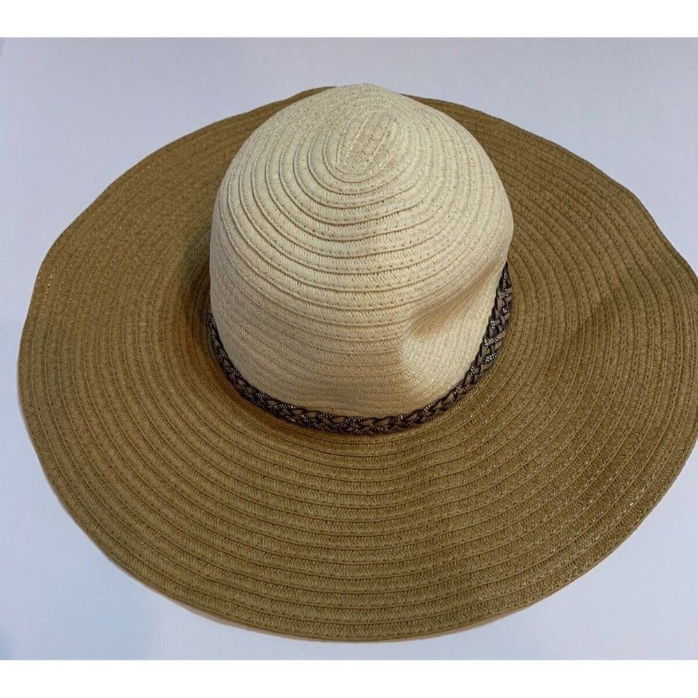 Rampage Floppy Wide Brim Woven Womens Hat One Size Leather Braided Trim Sun